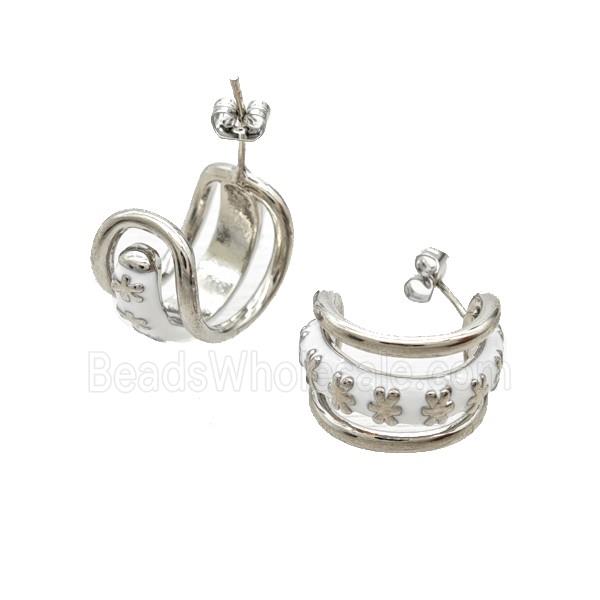 Copper Flower Stud Earrings White Enamel Platinum Plated