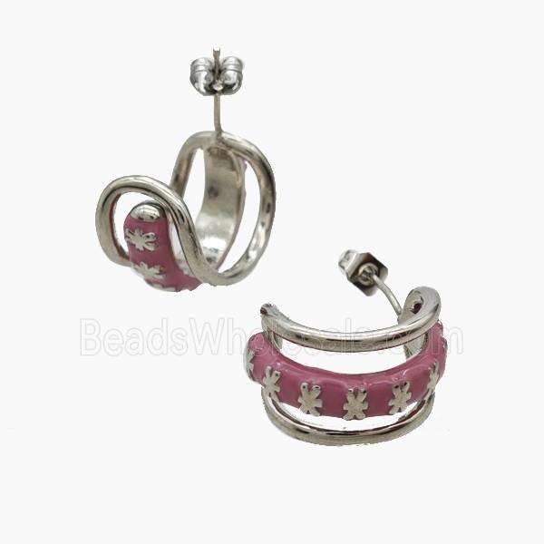 Copper Flower Stud Earrings Pink Enamel Platinum Plated