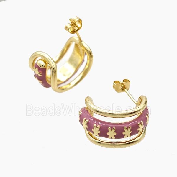 Copper Flower Stud Earrings Pink Enamel Gold Plated