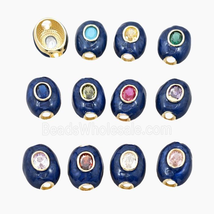 Copper Oval Beads Pave Zirconia Deepblue Enamel Large Hole Gold Plated Mixed