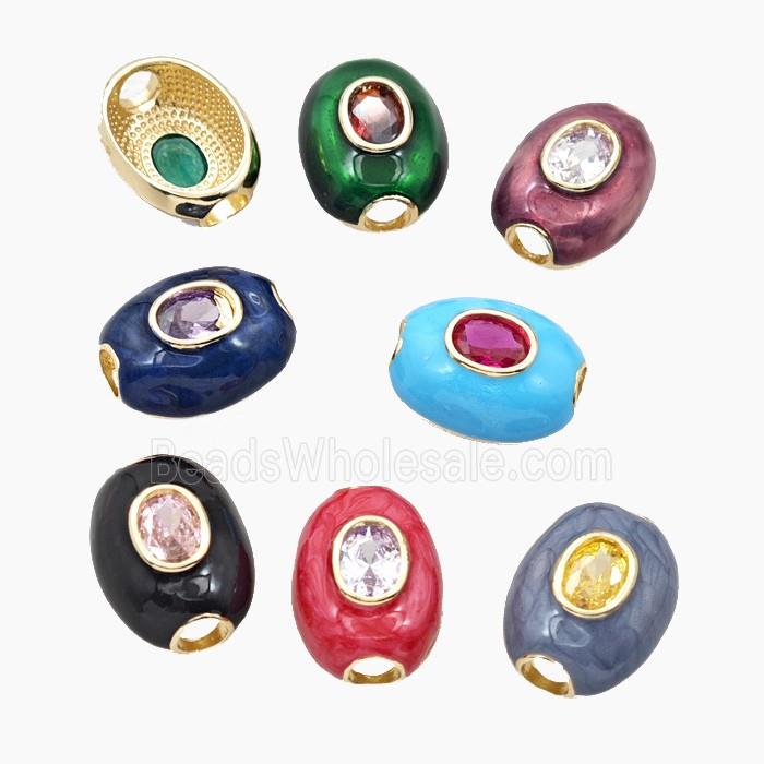 Copper Oval Beads Pave Zirconia Enamel Large Hole Gold Plated Mixed Color