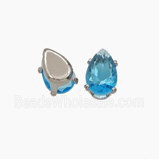 Blue Cubic Zirconia Teardrop Beads Prong-Set No-Hole