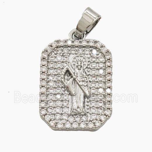Copper Santa Muerte Pendant Pave Zirconia Halloween Rectangle Platinum Plated