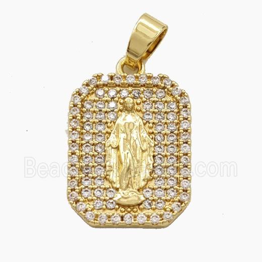 Copper Virgin Mary Pendant Pave Zirconia Rectangle Gold Plated