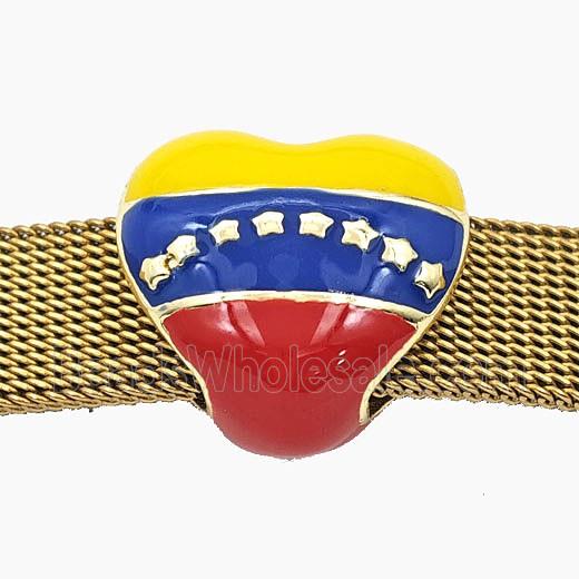 Copper Heart Beads FlatHole Enamel Venezuela Flag Gold Plated