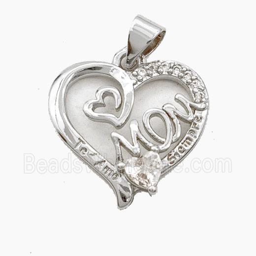 Copper Heart MOM Pendant Pave Zirconia Platinum Plated