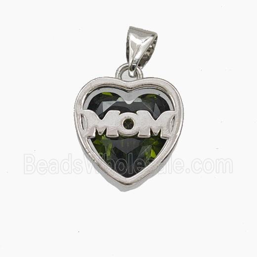 Copper Heart MOM Pendant Pave Olive Cubic Zirconia Platinum Plated