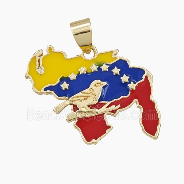 Venezuela Flag Map Charms Copper Pendant Multicolor Enamel Birds Gold Plated