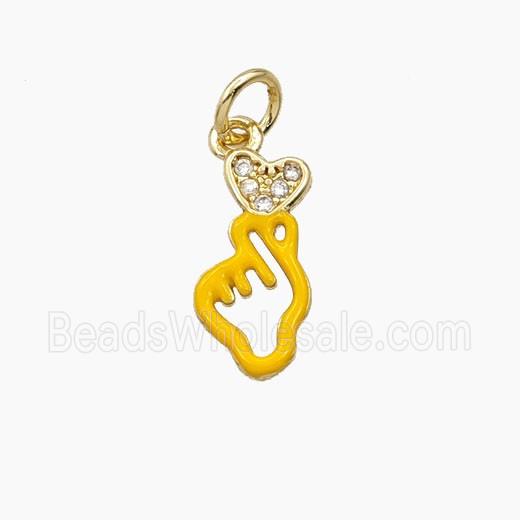 Copper Heart Love Hand Pendant Pave Zirconia Yellow Enamel Gold Plated