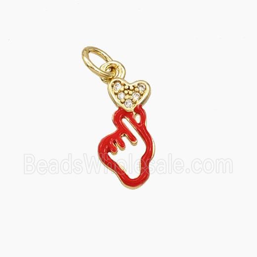 Copper Heart Love Hand Pendant Pave Zirconia Red Enamel Gold Plated