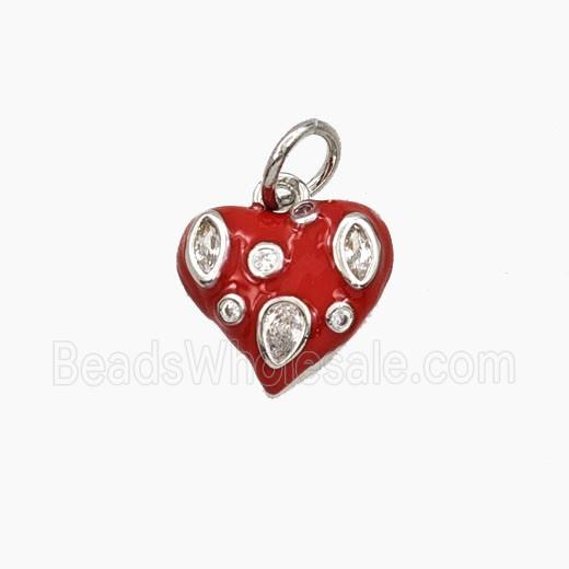 Copper Heart Pendant Pave Zirconia Red Enamel Platinum Plated
