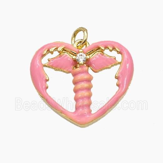 Copper Heart Ange Wings Pendant Pave Zirconia Pink Enamel Gold Plated