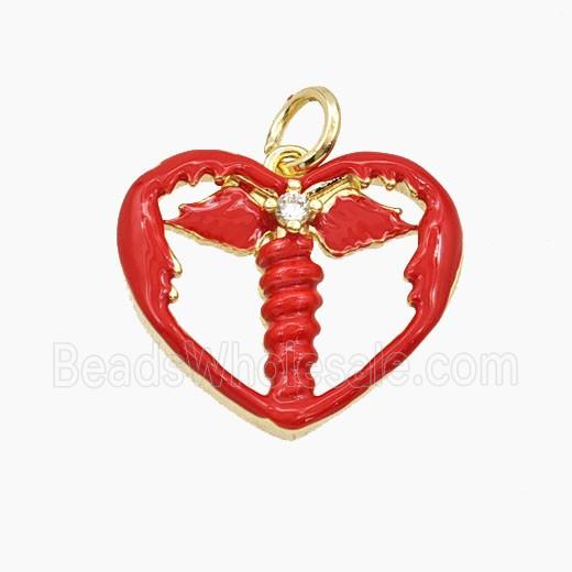 Copper Heart Ange Wings Pendant Pave Zirconia Red Enamel Gold Plated