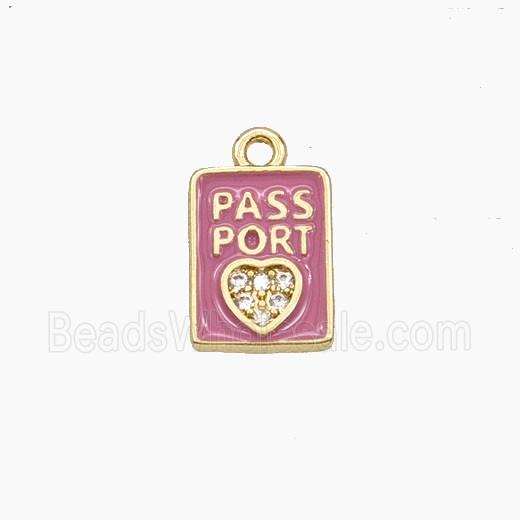 Copper PASSPORT Heart Pendant Pave Zirconia Pink Enamel Rectangle Travel Gold Plated