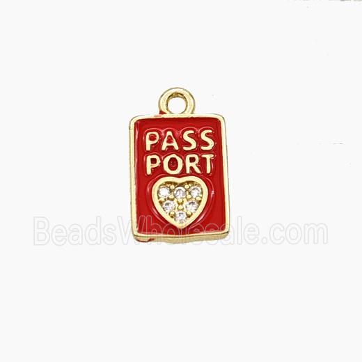 Copper PASSPORT Heart Pendant Pave Zirconia Red Enamel Rectangle Travel Gold Plated