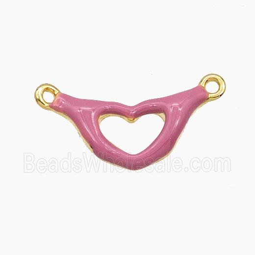 Copper Hand Heart Pendant Pink Enamel 2loops Gold Plated