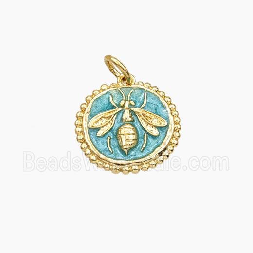 Copper Honeybee Pendant Teal Painted Coin Gold Plated