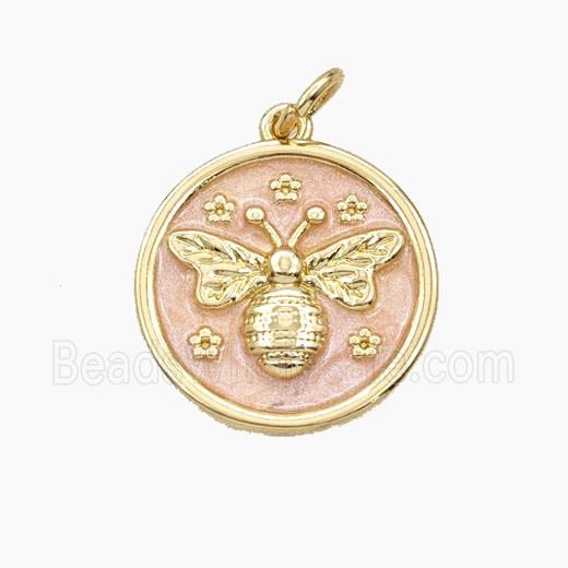 Copper Honeybee Pendant Pink Painted Coin Gold Plated