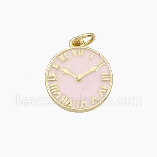 Copper Clock Pendant Pink Enamel Coin Gold Plated