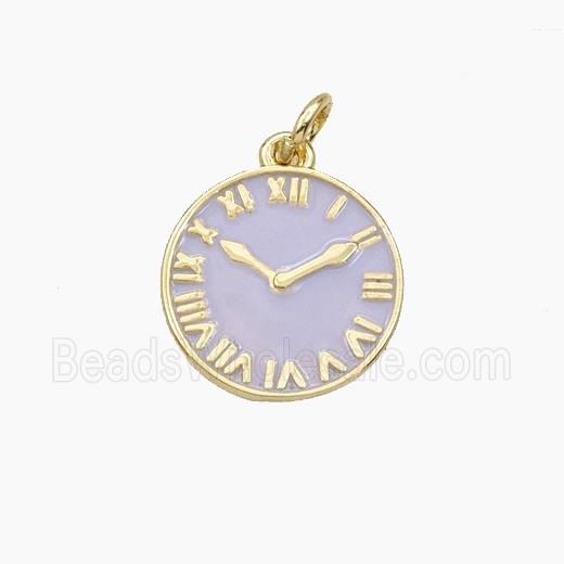 Copper Clock Pendant Lavender Enamel Coin Gold Plated