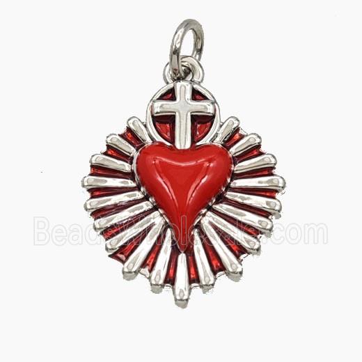 Copper Sacred Heart Pendant Red Enamel Cross Platinum Plated