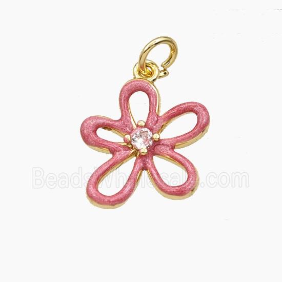 Copper Flower Pendant Pave Zirconia Pink Enamel Gold Plated