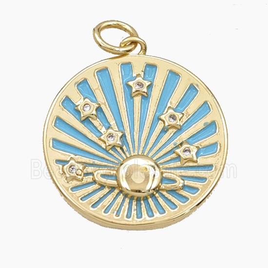 Copper Sun Star Pendant Pave Zirconia Teal Painted Coin Gold Plated