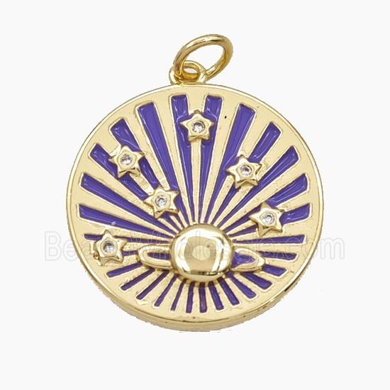 Copper Sun Star Pendant Pave Zirconia Purple Painted Coin Gold Plated