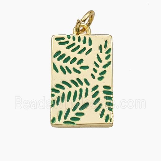 Copper Leaf Pendant Green Enamel Rectangle Gold Plated