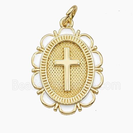 Copper Cross Pendant White Enamel Oval Gold Plated