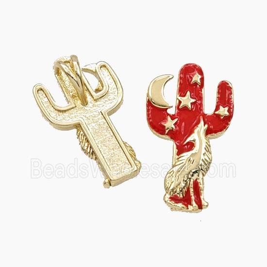 Copper Wolf Cactus Pendant Red Enamel Star Gold Plated