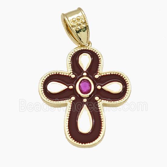 Copper Cross Pendant Pave Zirconia DarkRed Enamel Gold Plated