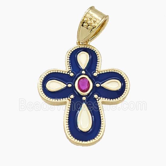 Copper Cross Pendant Pave Zirconia Darkblue Enamel Gold Plated