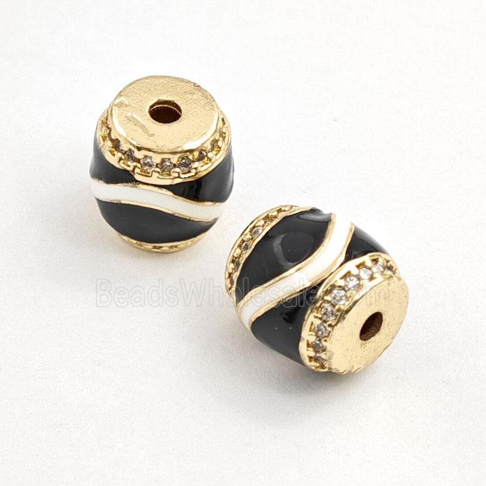Copper Barrel Beads Pave Zirconia Black Enamel Gold Plated