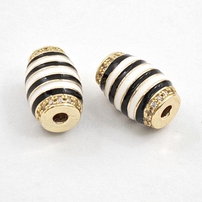 Copper Barrel Beads Pave Zirconia White Black Enamel Line Column Gold Plated