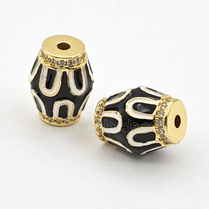 Copper Barrel Beads Pave Zirconia Black Enamel Gold Plated
