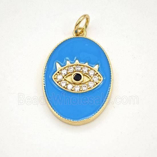 Copper Evil Eye Pendant Pave Zirconia Blue Enamel Oval Gold Plated