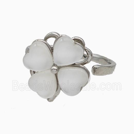 Copper Clover Rings Pave Jadeite Glass Rotatable Adjustable Platinum Plated