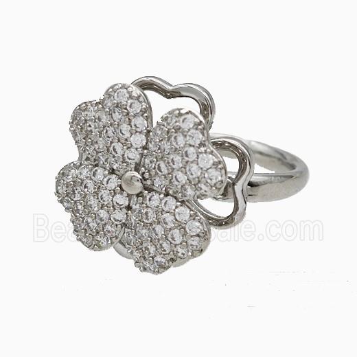 Copper Clover Rings Pave Zirconia Rotatable Adjustable Platinum Plated