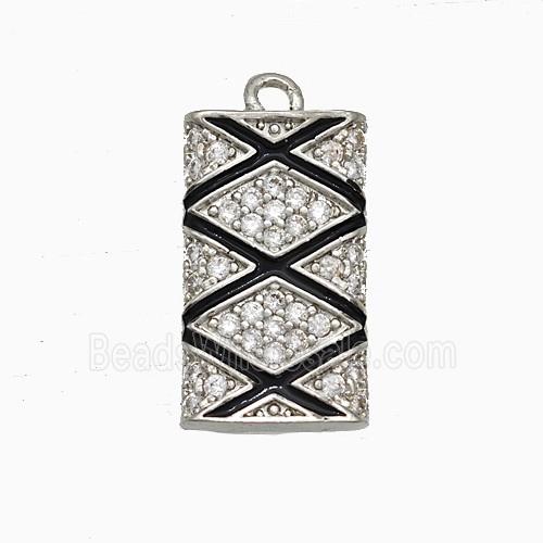 Copper Rectangle Pendant Pave Zirconia Black Enamel Platinum Plated