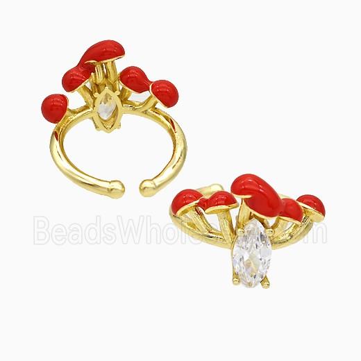 Copper Mushroom Rings Pave Zirconia Red Enamel Gold Plated