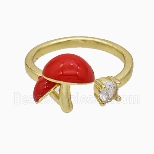 Copper Mushroom Rings Pave Zirconia Red Enamel Gold Plated