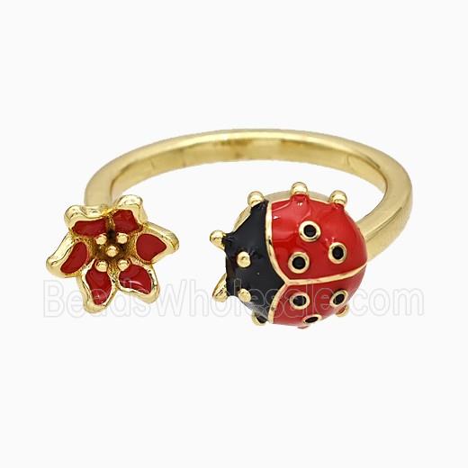 Copper Ladybug Flower Rings Red Enamel Gold Plated