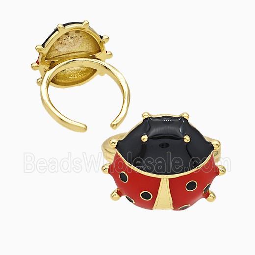 Copper Ladybug Rings Red Enamel Gold Plated