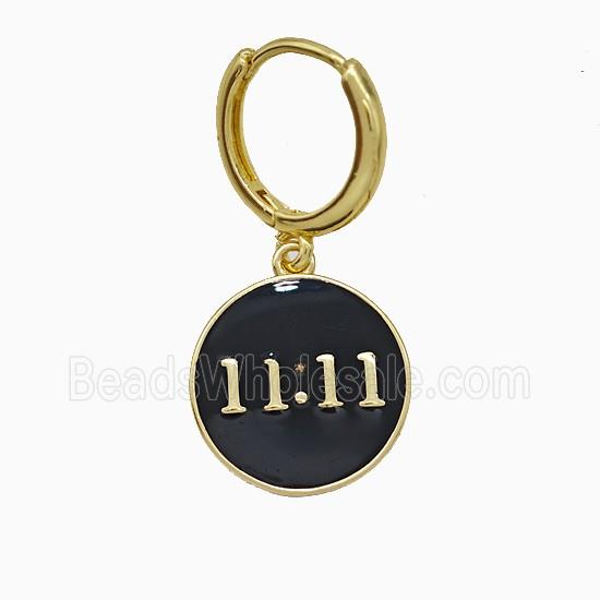 Copper Double Eleven Hoop Earrings Number 11 Black Enamel Gold Plated