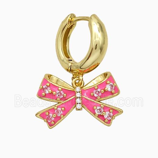 Copper Bowknot Hoop Earrings Pave Zirconia Pink Enamel Gold Plated