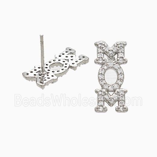 Copper MOM Stud Earrings Pave Zirconia Platinum Plated