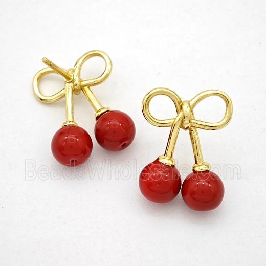 Copper Bowknot Stud Earrings Pave Red Pearlized Resin Gold Plated