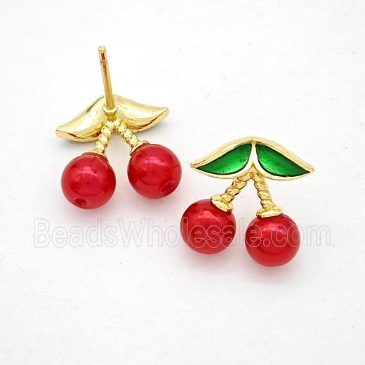 Copper Cherry Stud Earrings Pave Red Pearlized Resin Gold Plated