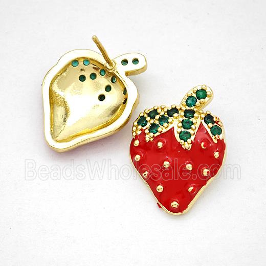 Copper Strawberry Stud Earrings Pave Zirconia Red Enamel Gold Plated